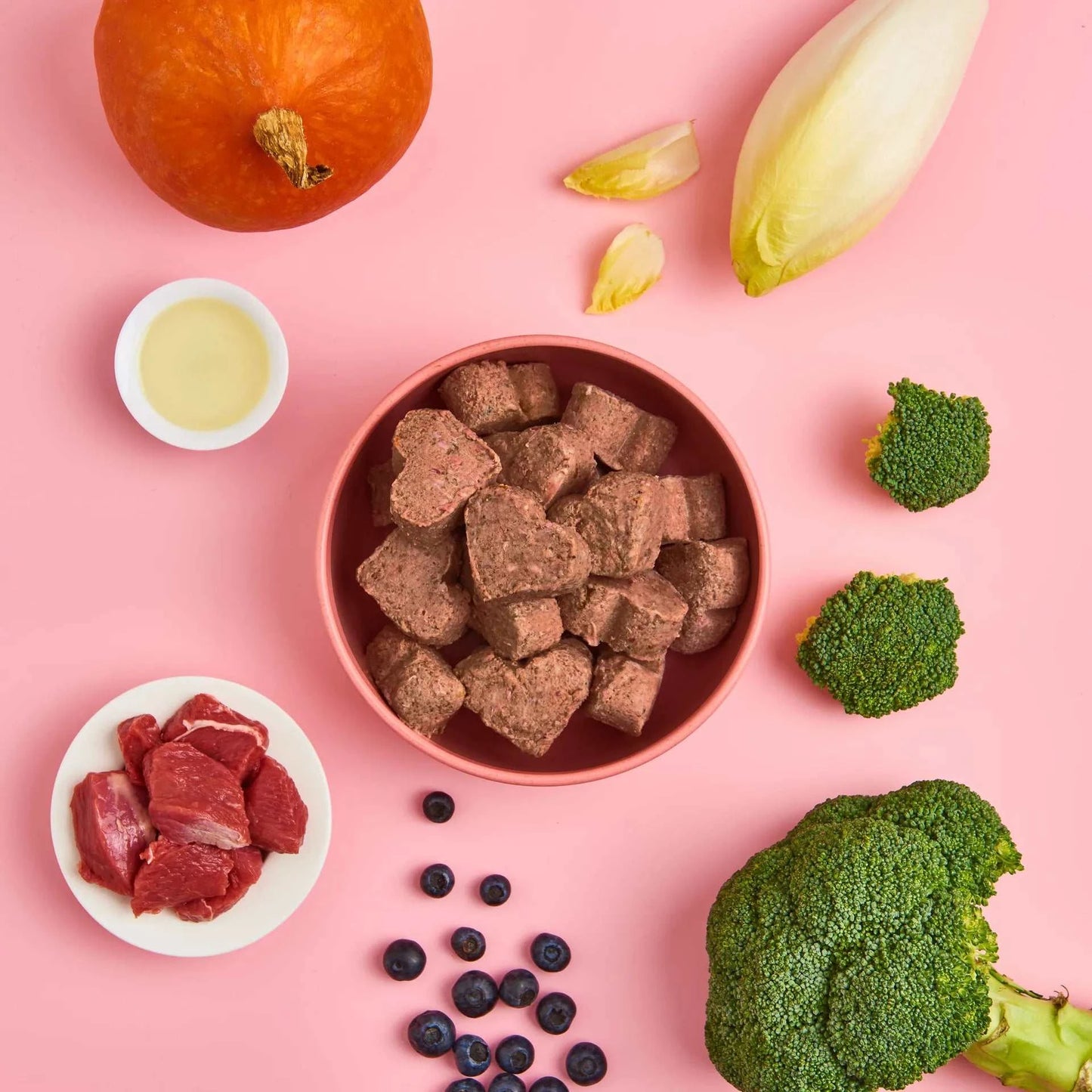 All-in-One Hundefutter mit Lamm, Kürbis, Brokkoli und Blaubeeren in einem Napf auf pinkem Hintergrund, umgeben von frischen Zutaten.