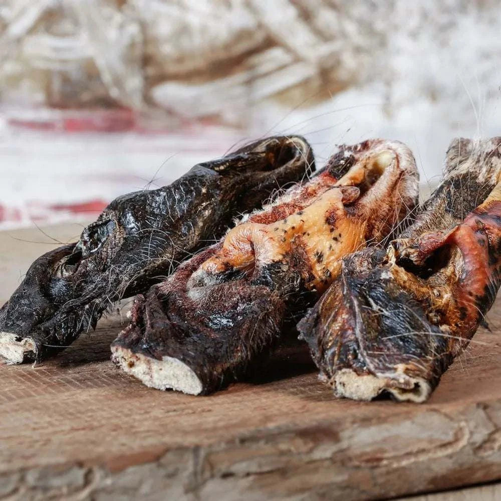 Getrocknete Kalbsnasen auf einem Holzbrett, ideales Kausnack für Hunde, gut für Magen-Darmtrakt.