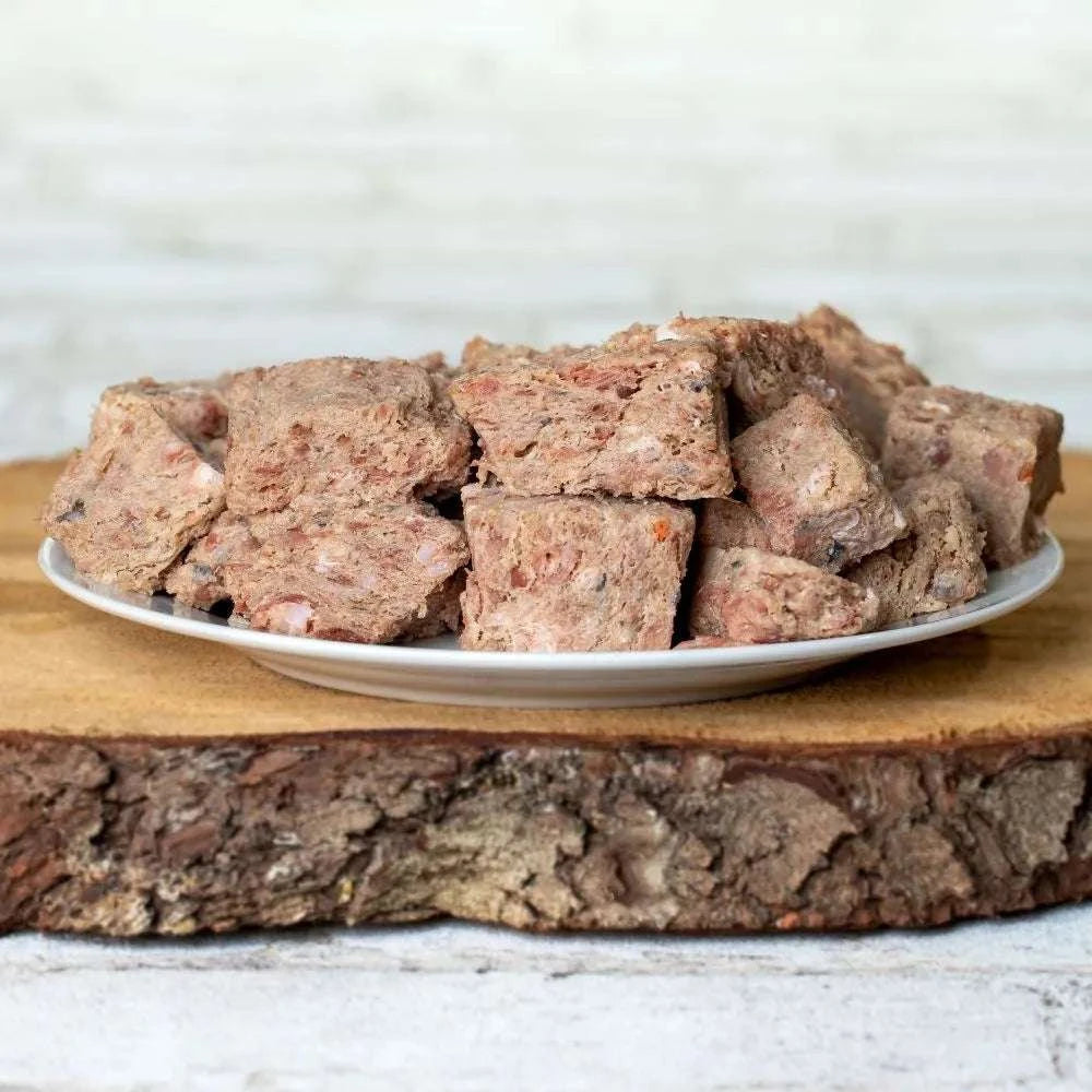 Komplett-Menü Huhn mit Lachs für Katzen auf weißen Teller angerichtet.