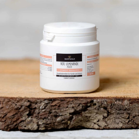 Dose Rote Ulmenrinde 50 g auf Holzbrett, Verdauungsunterstützung für Hunde und Katzen.