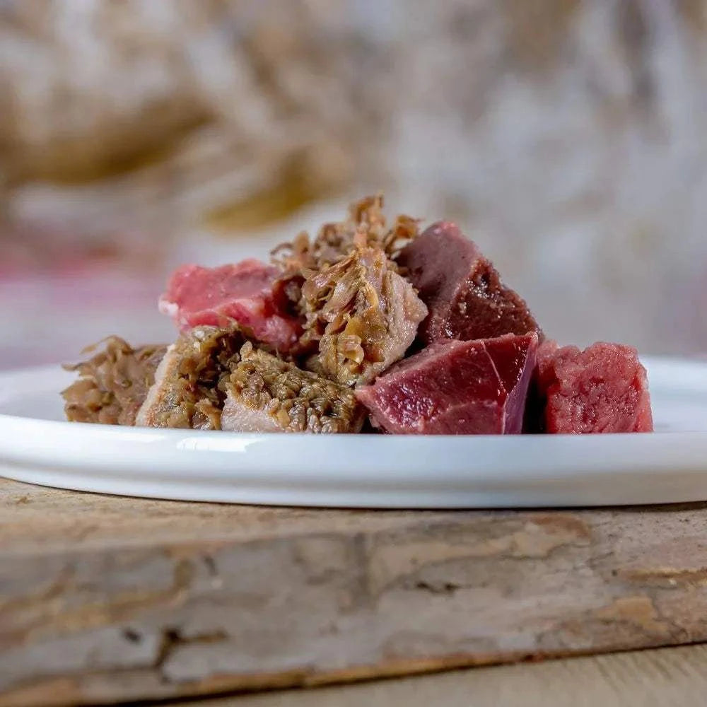 BARF Schlemmermenü mit Rindfleisch auf weißen Teller serviert.