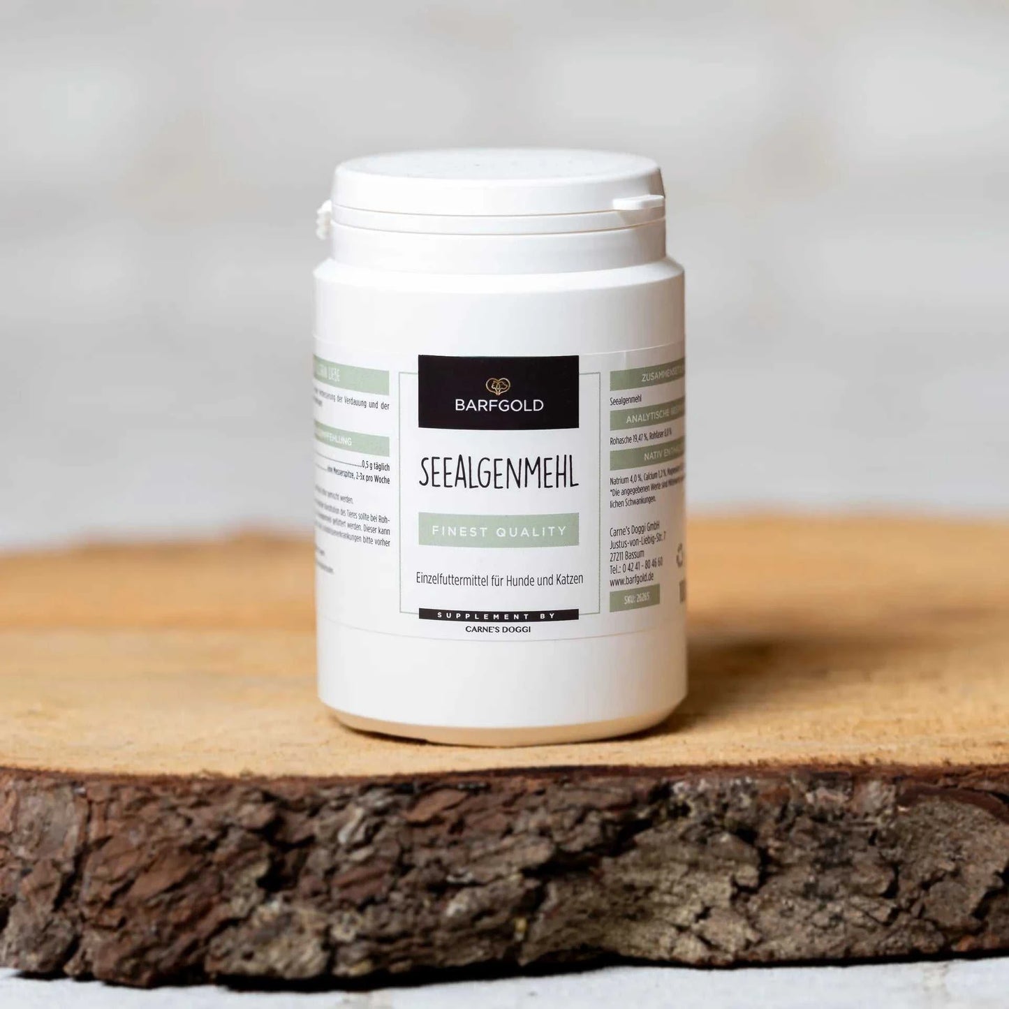 Seealgenmehl 100 g Dose auf Holzbrett, natürliche Jodquelle für Tiere, unterstützt Schilddrüse und Verdauung.