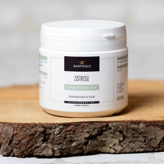 Zistrose 200 g Dose für Hunde zur Unterstützung des Immunsystems und Stoffwechsels mit Polyphenolen. Platziert auf einem Holzbrett.