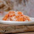 Lachswürfel auf einem Teller, frische Stücke vom norwegischen oder schottischen Lachs, reich an Omega-3-Fettsäuren, geeignet für Hunde und Katzen.