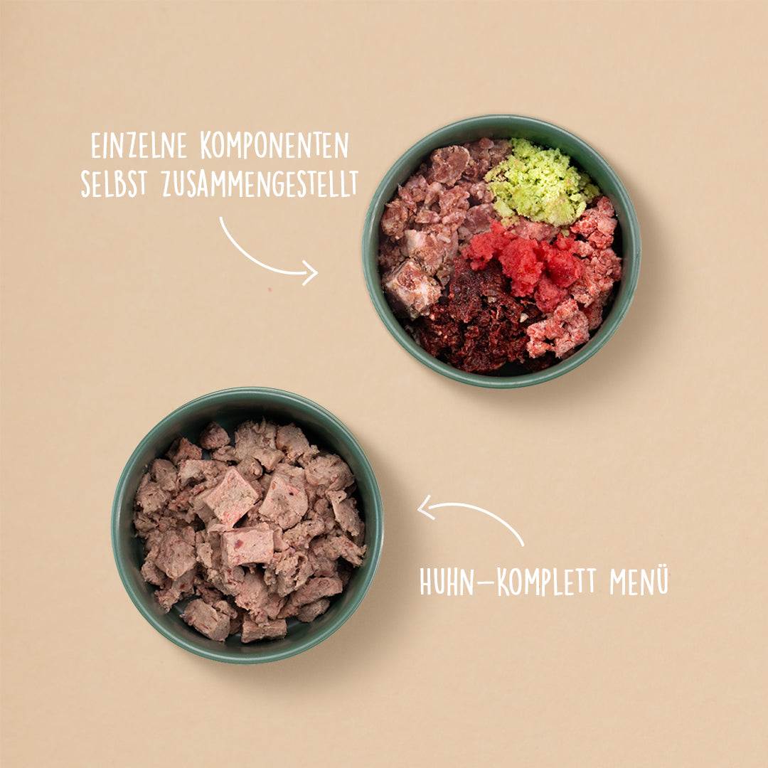 Starterpaket für kleine Hunde mit ausgewogenem Huhn-Komplettmenü und individuell zusammengestellten Zutaten in zwei grünen Näpfen.
